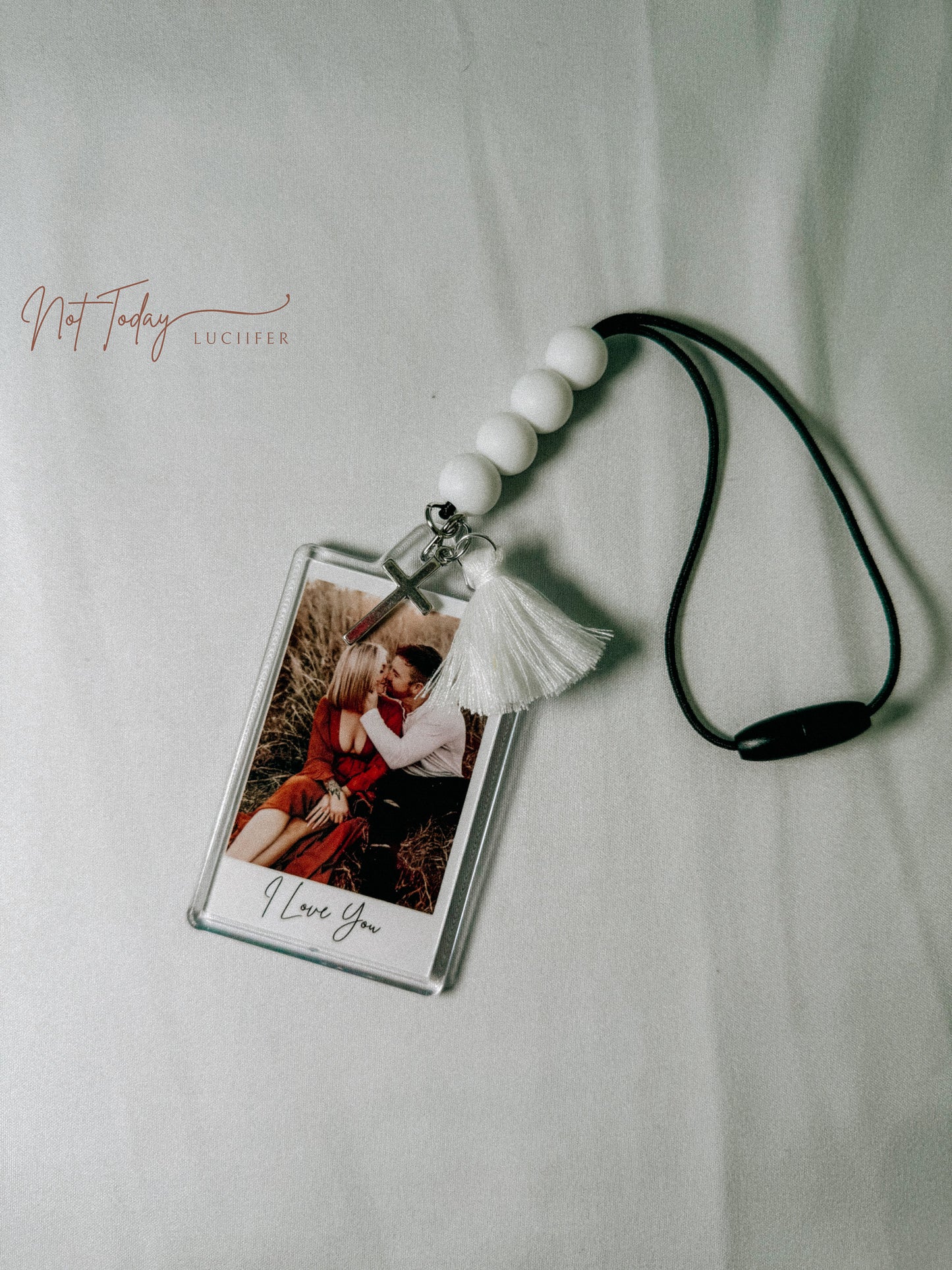 Personalized Polaroid Car Rearview Picture Hanger with text (Small Beads)